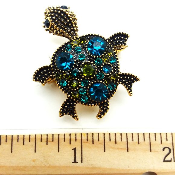 Turtle Brooch Rhinestone Pin Stylish Sea Sparkle Glam Green Blue Gold Y2K Retro - Picture 2 of 2